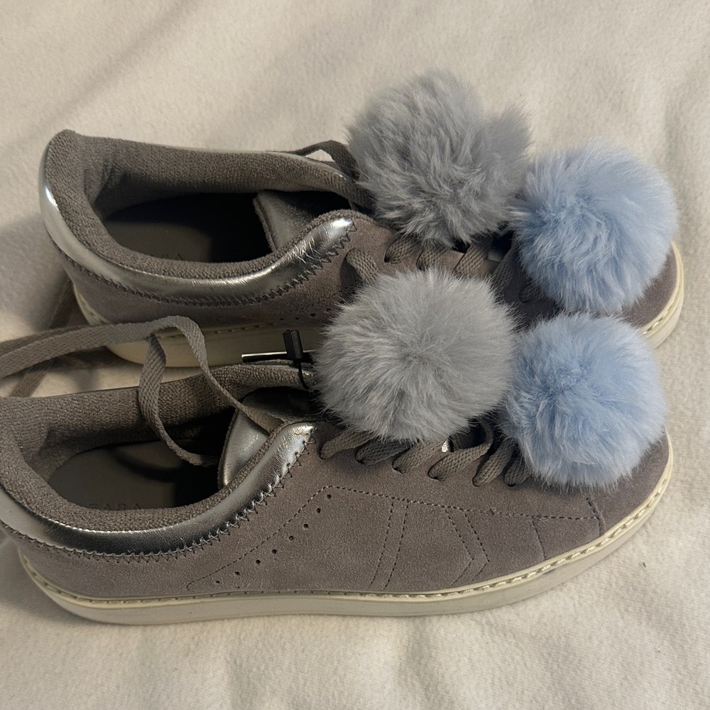 Zara Gray Sneakers with Silver and Blue Pom Poms